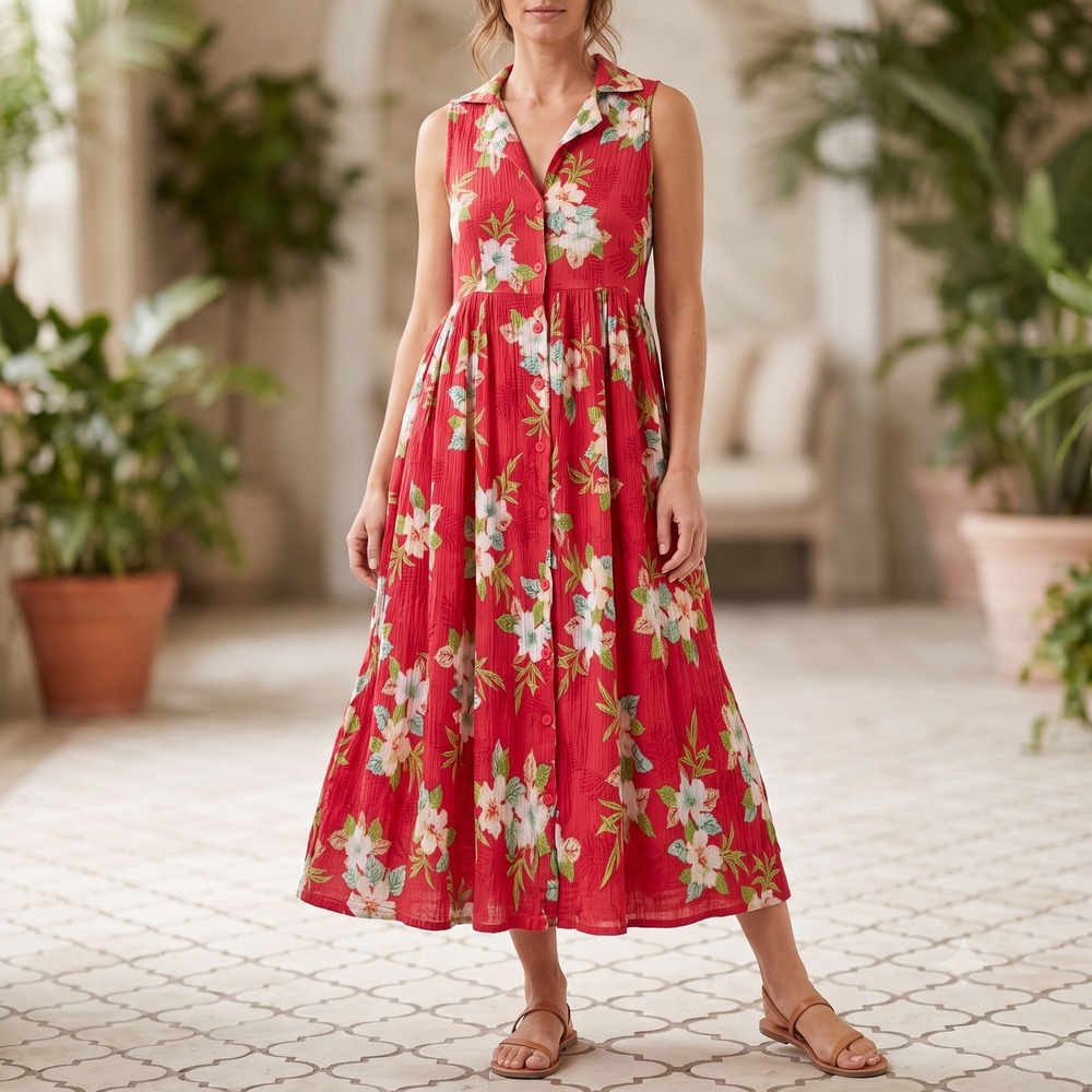 CW Classics Tropical Floral Cotton Maxi Dress M Red Pink Hibiscus Sleeveless